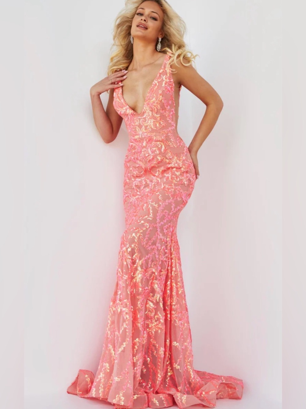 Jovani Coral Iridescent Mermaid Gown NWT Pageant Prom Glam Size 8